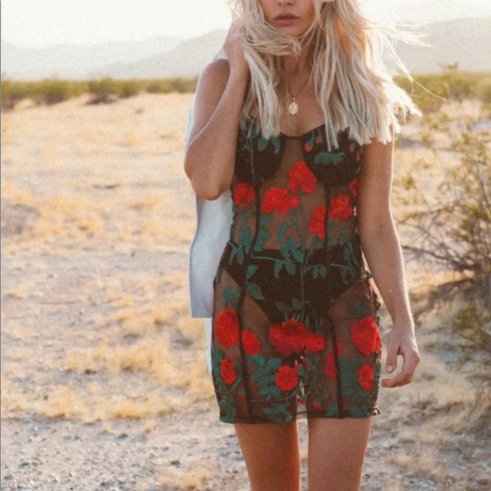 Floral Embroidered Black Mini Dress with Red Roses - Picture 6 of 7